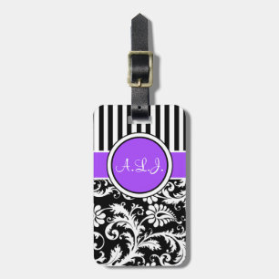 Black, White, Purple Striped Damask Luggage Tag