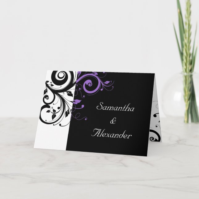 Black+White Purple Swirl Folded Wedding Invitation (Front)