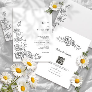 Black White QR Code Botanical All In One Wedding Invitation
