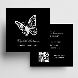Black white QR code butterfly Square Business Card