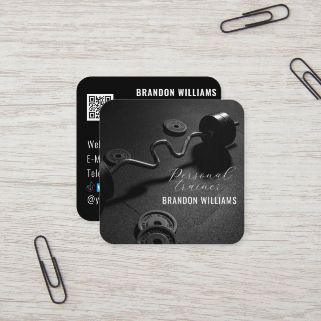 Black White QR Code Fitness Personal Trainer  Square Business Card (Front/Back In Situ)