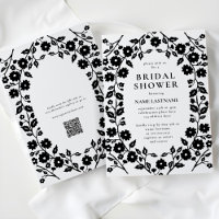 Black White QR Code Folk Floral Bridal Shower