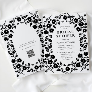 Black White QR Code Folk Floral Bridal Shower Invitation