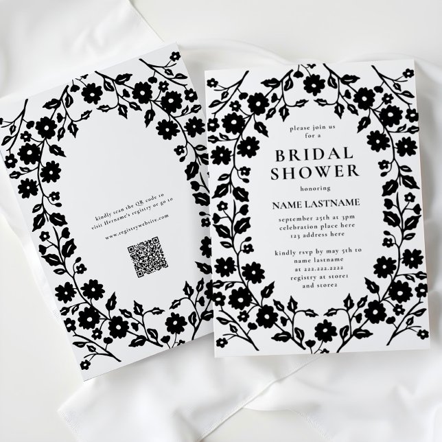 Black White QR Code Folk Floral Bridal Shower Invitation (Creator Uploaded)
