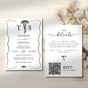 Black White QR Code Hand Drawn Wavy Curve Bow Invitation