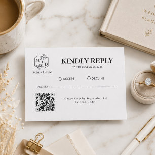 Black White Qr Code monogram Wedding Replay RSVP Card