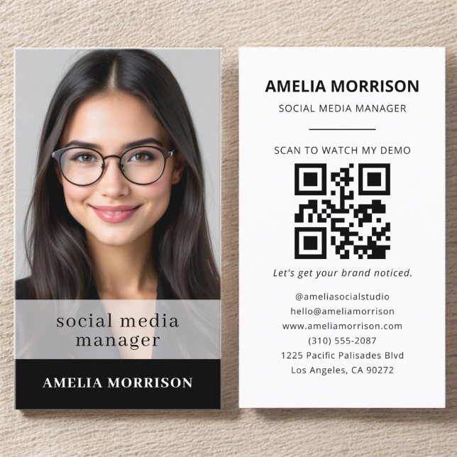 Black White QR Code Photo Minimalist Professional Business Card (Creator Uploaded)