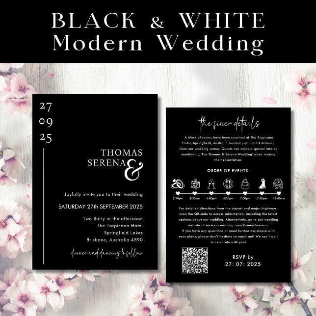 Black & White QR Code Timeline Itinerary Wedding Invitation (Creator Uploaded)