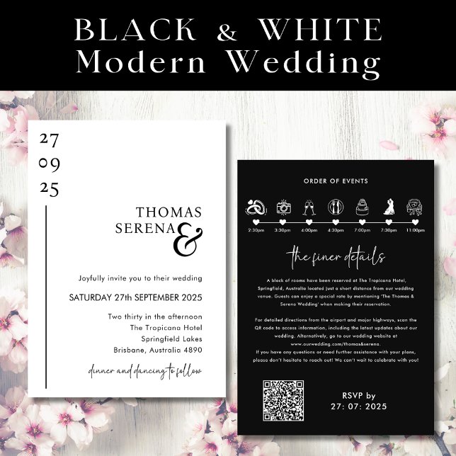 Black & White QR Code Timeline Itinerary Wedding Invitation (Creator Uploaded)