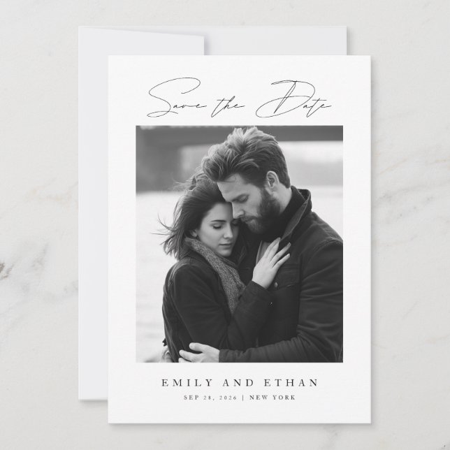 Black & White QR Code Wedding Photo Save The Date Invitation (Front)