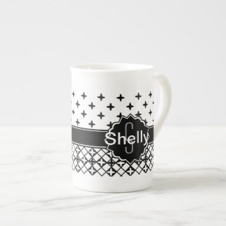 Black White Qua-trefoil Monogrammed Bone China Mug