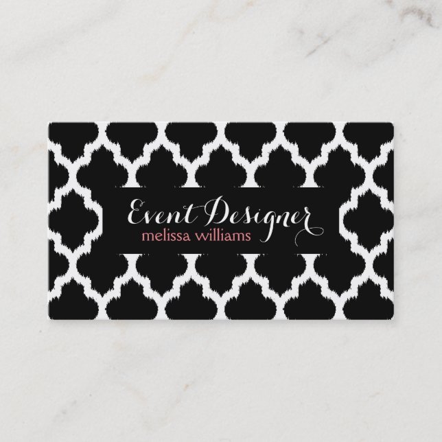 Black & White Quatrefoil Ikat Geometric Pattern Business Card (Front)