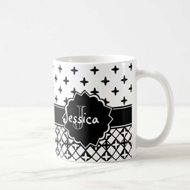 Black White Quatrefoil Monogrammed Coffee Mug (Right)
