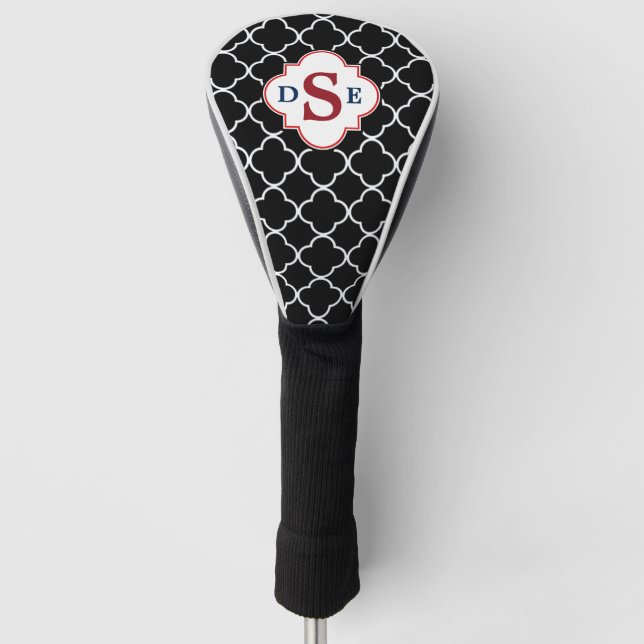 Black White Quatrefoil Red Monogram Golf Head Cover (Front)