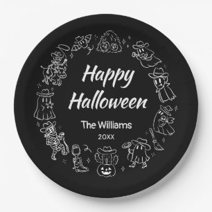 Black & White Quirky Hand Drawn Happy Halloween Paper Plate