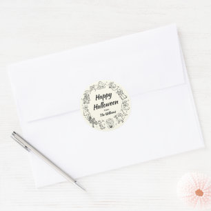 Black & White Quirky Hand Drawn Spooky Halloween Classic Round Sticker