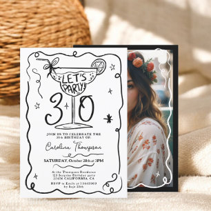 Black white quirky whimsical scribbles 30 birthday invitation