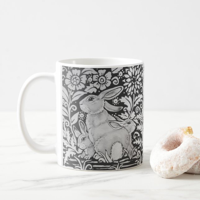 Black White Rabbit Family Grey Easter Mother Gift Coffee Mug (With Donut)