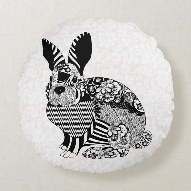 Black White Rabbit Round Cushion (Front)