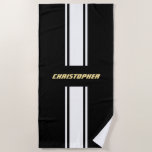 Black White Racing Stripes Gold Monogrammed Pool Beach Towel<br><div class="desc">Make a splash, stand out, create your own custom, personalised, cool, classy, stylish, classic, black and white racing stripes design, faux gold typography / script monogram, trendy, machine washable, custom beach towel. To customise, simply type in your name / monogram / initials / family name. A cool custom towel perfect...</div>