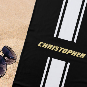 Black White Racing Stripes Gold Monogrammed Pool Beach Towel