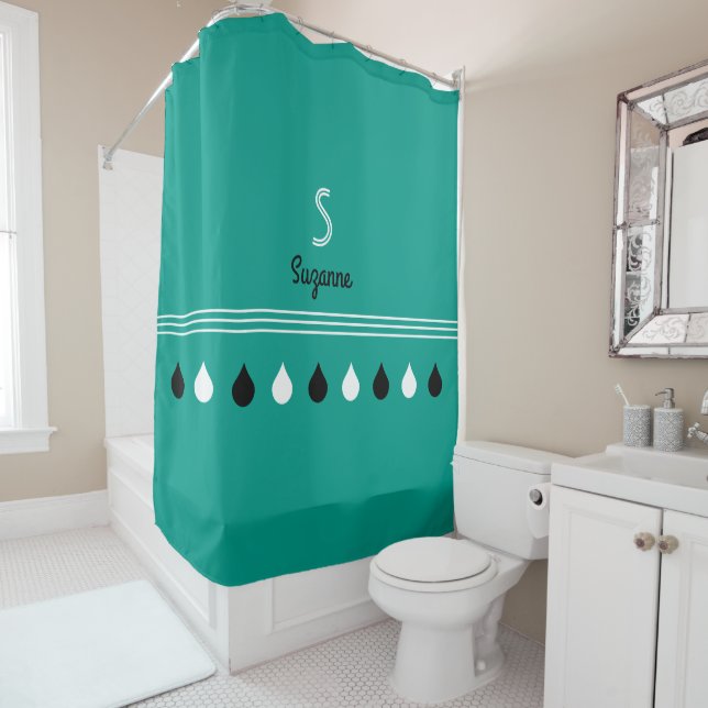 black/white raindrops with custom monogram shower curtain (In Situ)