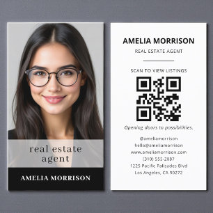 Black White Real Estate Agent QR Code Photo  Business Card