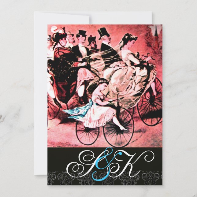BLACK WHITE RED BICYCLE WEDDING DAMASK MONOGRAM INVITATION (Front)