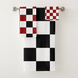 Black White Red Chequered Bath Towel Set