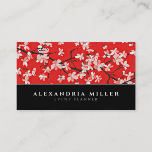 Black White & Red Cherry Blossom Floral Business Card
