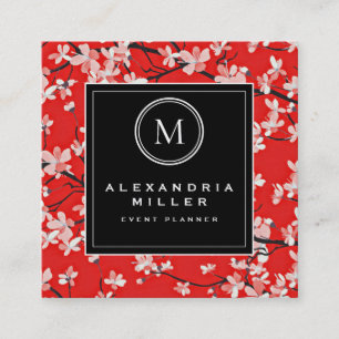 Black White & Red Cherry Blossoms   Monogram Square Business Card