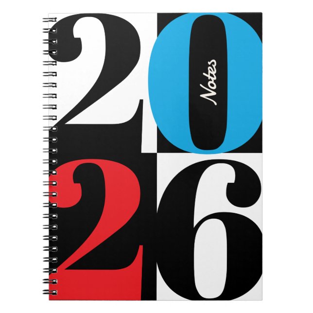 Black White Red Cyan Bold Year Color Block Notebook (Front)