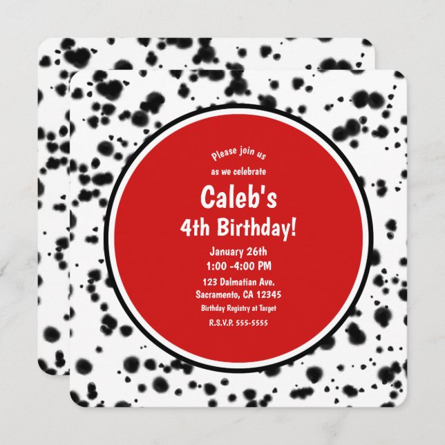 Black White Red Dalmatian Spots Birthday Party Invitation (Front/Back)