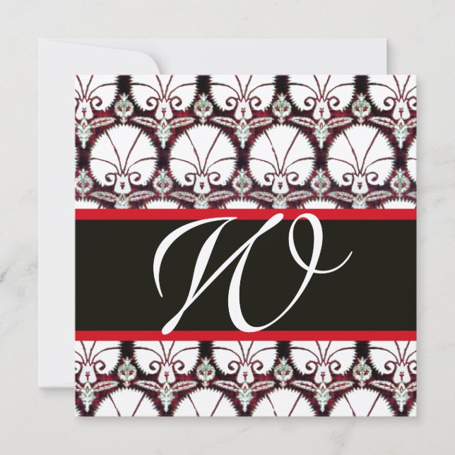 BLACK WHITE RED DAMASK CARNATIONS MONOGRAM Gold Invitation (Front)