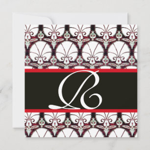 BLACK WHITE RED DAMASK CARNATIONS MONOGRAM INVITATION