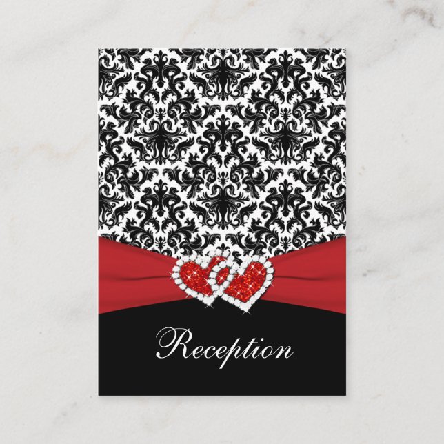 Black White Red Damask, Hearts Enclosure Card (Front)