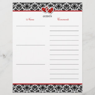 Black White Red Damask, Hearts Guest Book Paper