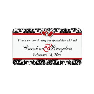Black White Red Damask, Hearts Wedding Favour Labe Label