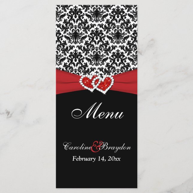 Black White Red Damask, Hearts Wedding Menu (Front)