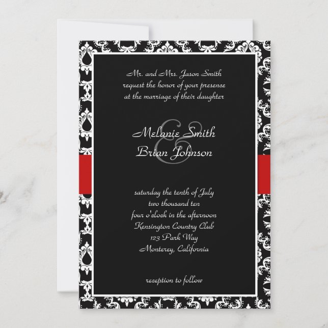 Black White Red Damask Invitation (Front)