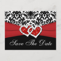 Black, White, Red Damask Save the Date Postcard