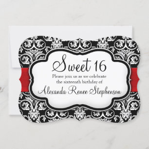 Black/White/Red Damask Shaped Sweet 16 Girls Party Invitation