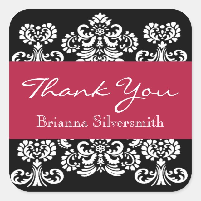 Black White Red Damask Thank You V9 Square Sticker (Front)