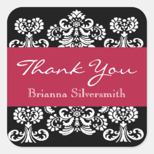 Black White Red Damask Thank You V9 Square Sticker