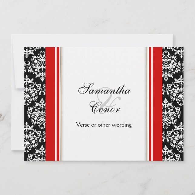 Black white red damask wedding engagement invitation (Front)