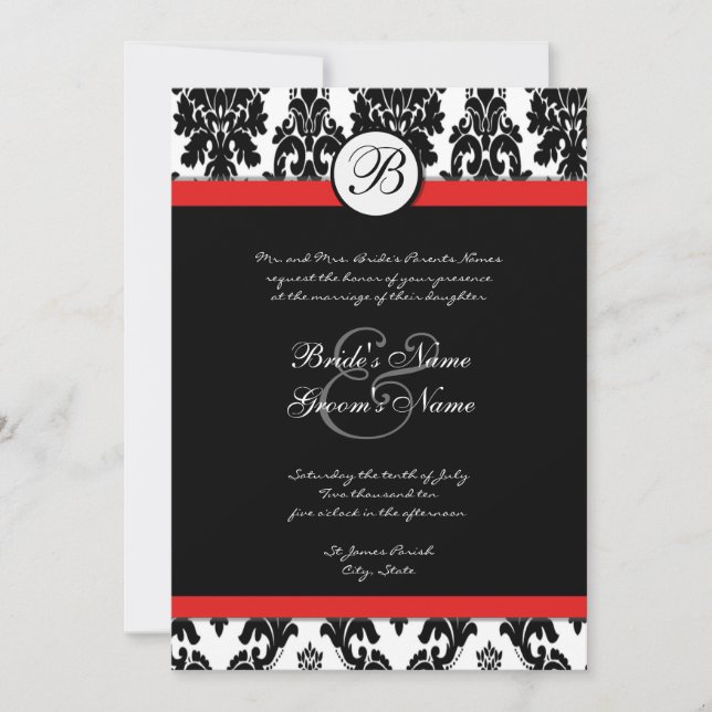 Black White Red Damask Wedding Invitation (Front)