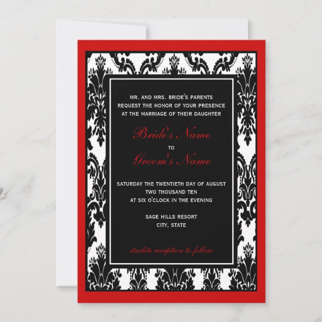 Black White Red Damask Wedding Invitation (Front)