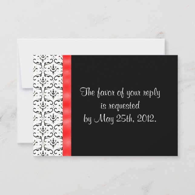 Black White Red Damask Wedding RSVP Card (Front)