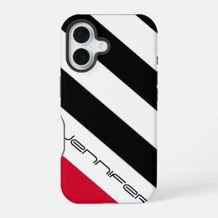 Black White Red Diagonal Stripe, Name, Minimalist iPhone 16 Case