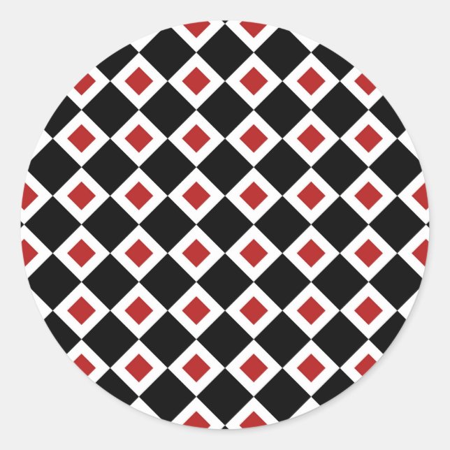Black, White, Red Diamond Pattern Classic Round Sticker (Front)